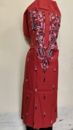Pure Cotton Men’s Kurta – Unstitched Fabric with Kantha Stitch & Embroidery (Red) - Image 4