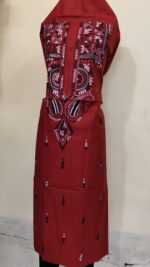 Pure Cotton Men’s Kurta – Unstitched Fabric with Kantha Stitch & Embroidery (Red) - Image 2