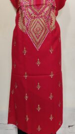 Pure Cotton Men’s Kurta – Unstitched Fabric with Kantha Stitch & Embroidery (Bold Red) - Image 5
