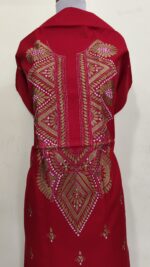 Pure Cotton Men’s Kurta – Unstitched Fabric with Kantha Stitch & Embroidery (Bold Red) - Image 4
