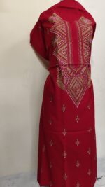 Pure Cotton Men’s Kurta – Unstitched Fabric with Kantha Stitch & Embroidery (Bold Red) - Image 3