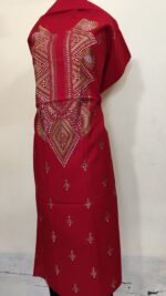 Pure Cotton Men’s Kurta – Unstitched Fabric with Kantha Stitch & Embroidery (Bold Red) - Image 2