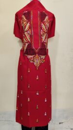 Pure Cotton Men’s Kurta – Unstitched Fabric with Kantha Stitchwork & Embroidery (Red)
