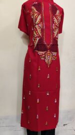 Pure Cotton Men’s Kurta – Unstitched Fabric with Kantha Stitchwork & Embroidery (Red) - Image 3