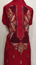 Pure Cotton Men’s Kurta – Unstitched Fabric with Kantha Stitchwork & Embroidery (Red) - Image 6