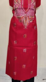 Pure Cotton Men’s Kurta – Unstitched Fabric with Kantha Stitchwork (Red) - Image 5