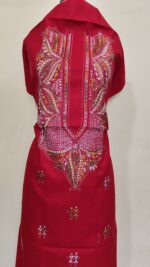 Pure Cotton Men’s Kurta – Unstitched Fabric with Kantha Stitchwork (Red) - Image 3