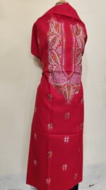 Pure Cotton Men’s Kurta – Unstitched Fabric with Kantha Stitchwork (Red) - Image 2