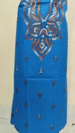 Pure Cotton Men’s Kurta – Unstitched Fabric with Kantha Stitchwork (Blue) - Image 4