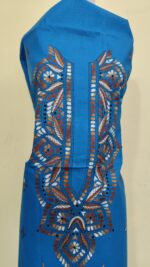 Pure Cotton Men’s Kurta – Unstitched Fabric with Kantha Stitchwork (Blue) - Image 3