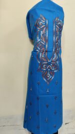 Pure Cotton Men’s Kurta – Unstitched Fabric with Kantha Stitchwork (Blue) - Image 2