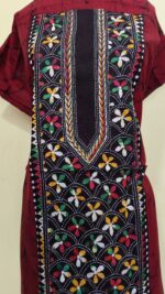 Pure Cotton Men’s Kurta – Unstitched Kantha Embroidery with Hand Batik Work (Maroon) - Image 6