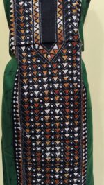 Pure Cotton Men’s Kurta – Unstitched Kantha Embroidery with Hand Batik Work (Forest green) - Image 4