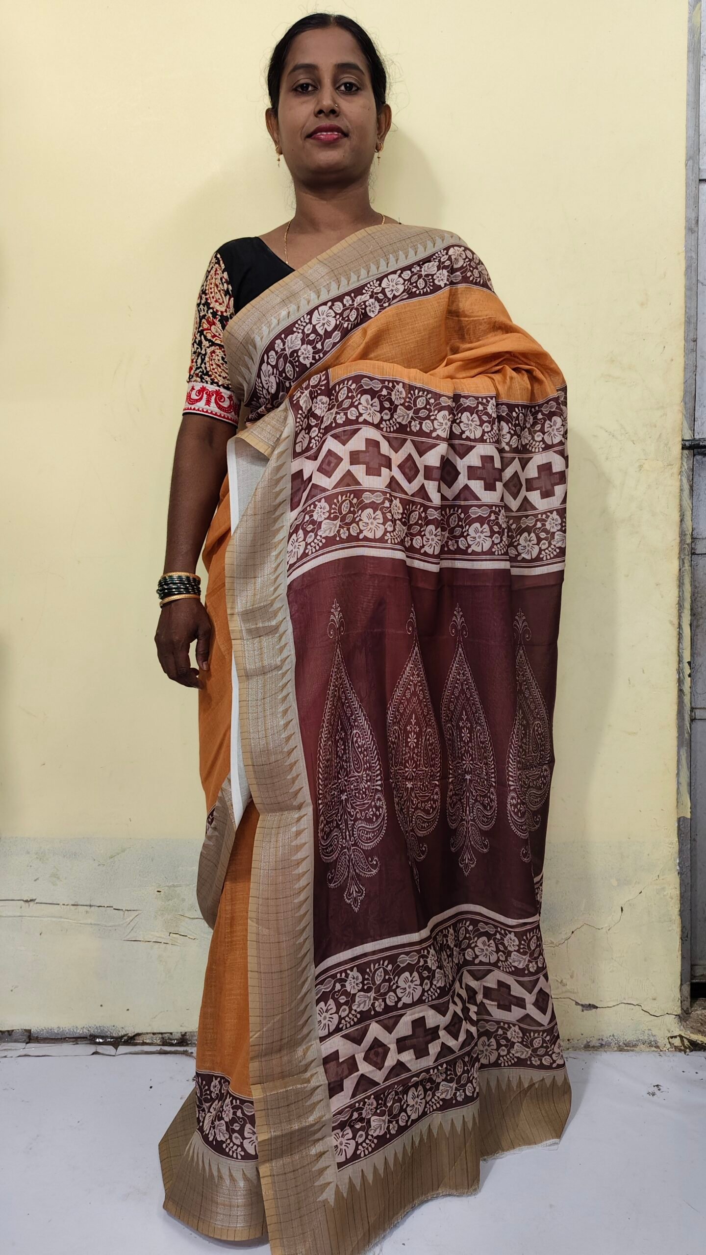 IMG_20260617_084209 Handloom Cotton Silk Saree – Mustard, Beige & Maroon with Paisley Motifs - Image 1