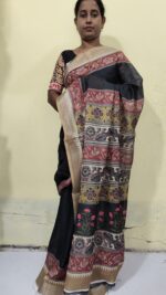 Handloom Cotton Silk Kalamkari Print Saree – Floral & Geometric Motifs Black