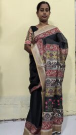 Handloom Cotton Silk Kalamkari Print Saree – Floral & Geometric Motifs Black - Image 2