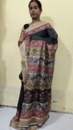 Handloom Cotton Silk Kalamkari Print Saree – Floral & Geometric Motifs Black - Image 3