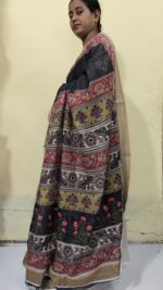 Handloom Cotton Silk Kalamkari Print Saree – Floral & Geometric Motifs Black - Image 4