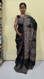 Handloom Cotton Silk Madhubani Print Saree – Black Traditional Folk Art Saree