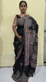 Handloom Cotton Silk Madhubani Print Saree – Black Traditional Folk Art Saree - Image 2