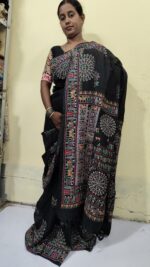 Handloom Cotton Silk Madhubani Print Saree – Black Traditional Folk Art Saree - Image 3