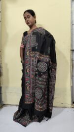 Handloom Cotton Silk Madhubani Print Saree – Black Traditional Folk Art Saree - Image 4