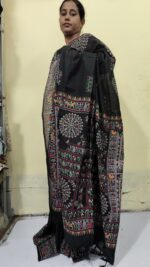 Handloom Cotton Silk Madhubani Print Saree – Black Traditional Folk Art Saree - Image 6