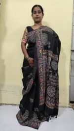 Handloom Cotton Silk Madhubani Print Saree – Black Traditional Folk Art Saree - Image 5
