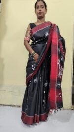 Handmade Bengal Khadi Cotton Silk Saree with Kantha stitch – Black color. - Image 3