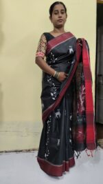 Handmade Bengal Khadi Cotton Silk Saree with Kantha stitch – Black color.