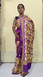 Handcrafted Kantha Stitch Bangalore Art Silk Saree – Purple & Golden Floral Design