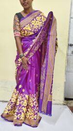 Handcrafted Kantha Stitch Bangalore Art Silk Saree – Purple & Golden Floral Design - Image 2
