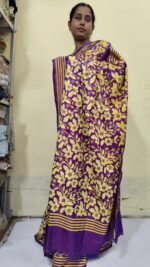 Handcrafted Kantha Stitch Bangalore Art Silk Saree – Purple & Golden Floral Design - Image 3