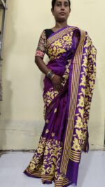 Handcrafted Kantha Stitch Bangalore Art Silk Saree – Purple & Golden Floral Design - Image 4
