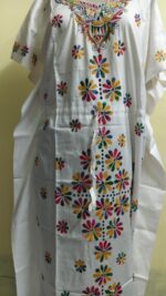 Handcrafted Cotton Kantha Stitch Kaftan Nighty with Floral Embroidery - Image 4