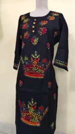 Black cotton long Kurti with Kantha stitch (crown motif on the front)