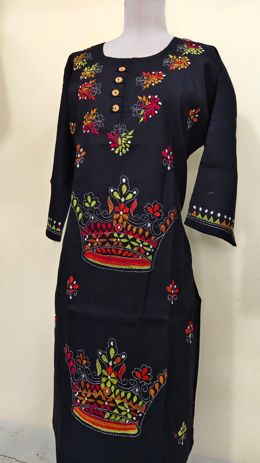 WhatsApp Image 2026-06-15 at 12.49.54 PM (1) Black cotton long Kurti with Kantha stitch (crown motif on the front) - Image 1