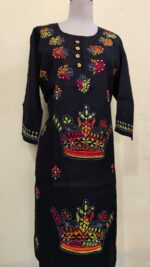 Black cotton long Kurti with Kantha stitch (crown motif on the front) - Image 3