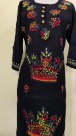 Black cotton long Kurti with Kantha stitch (crown motif on the front) - Image 2