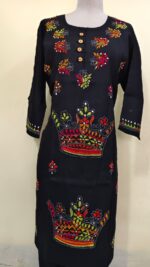 Black cotton long Kurti with Kantha stitch (crown motif on the front) - Image 4
