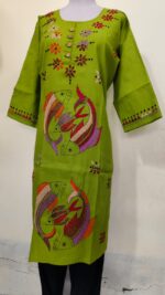 Cotton Kantha Stitch Kurti – Artistic fish design Green Base - Image 3