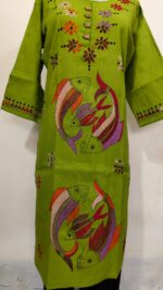 Cotton Kantha Stitch Kurti – Artistic fish design Green Base - Image 4