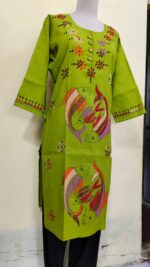 Cotton Kantha Stitch Kurti – Artistic fish design Green Base - Image 2