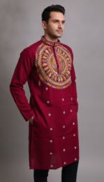 Maroon Cotton Kantha Stitch Men’s Kurta Panjabi – Handcrafted Embroidered Ethnic Wear - Image 3