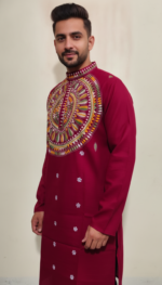 Maroon Cotton Kantha Stitch Men’s Kurta Panjabi – Handcrafted Embroidered Ethnic Wear - Image 4