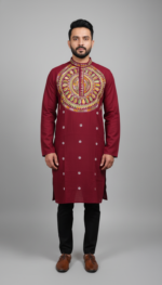 Maroon Cotton Kantha Stitch Men’s Kurta Panjabi – Handcrafted Embroidered Ethnic Wear - Image 2