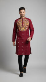 Maroon Cotton Kantha Stitch Men’s Kurta Panjabi – Handcrafted Embroidered Ethnic Wear