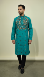 Teal Green Cotton Kantha Stitch Men’s Kurta Panjabi – Handcrafted Embroidered Ethnic Wear - Image 4