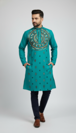 Teal Green Cotton Kantha Stitch Men’s Kurta Panjabi – Handcrafted Embroidered Ethnic Wear - Image 3
