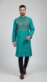 Teal Green Cotton Kantha Stitch Men’s Kurta Panjabi – Handcrafted Embroidered Ethnic Wear - Image 2